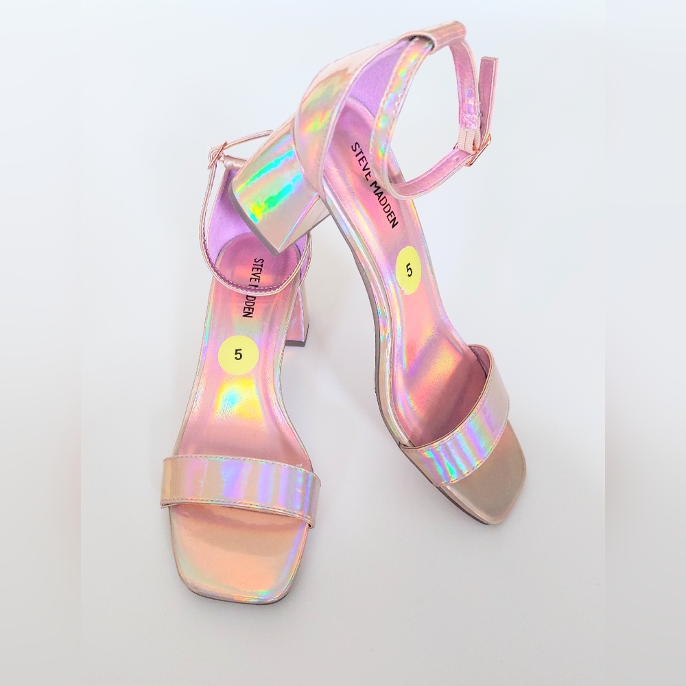 Steve Madden Size 5 Iridescent Pink Strappy Block Heel Sandals Shoes